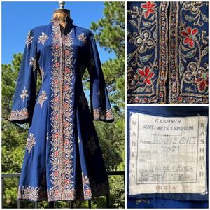 RARE! Vintage 50s Kashmir Wool Chain Stitch Zip Front House Coat Hostess Dress